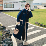 深蓝色韩系学院风长款连帽羊羔毛大衣女2025冬季保暖加厚皮毛一体，女装毛呢外套，2C018