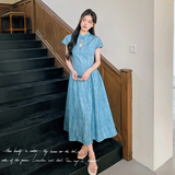新中式国风扎染连衣裙女2025夏季新款独特超好看气质显瘦旗袍长裙，女装连衣裙，2C018
