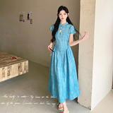 新中式国风扎染连衣裙女2025夏季新款独特超好看气质显瘦旗袍长裙，女装连衣裙，2C018