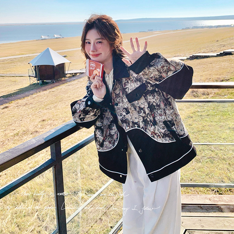 新中式国风印花设计感短款棉服女新款秋冬夹棉加厚小个子爆款棉袄,女装短外套,2C018