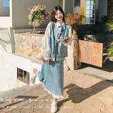 学院风牛仔马甲套装裙女2025春季新款超好看减龄衬衫半身裙两件套，女装套装/套裙，2C018