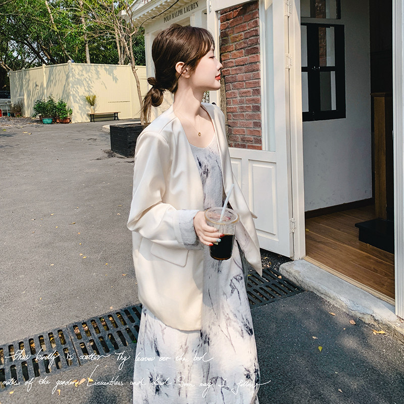法式水墨印花吊带连衣裙套装女2025春季新款气质高级感西服两件套,女装套装/套裙,2C018