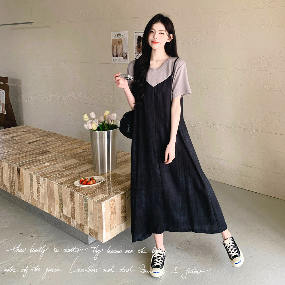 超好看拼接假两件连衣裙女2025年夏季新款高级感宽松显瘦休闲长裙,女装连衣裙,2C018