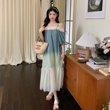 法式渐变吊带一字肩连衣裙女2025夏季新款韩版宽松显瘦拼接长裙子，女装连衣裙，2C018