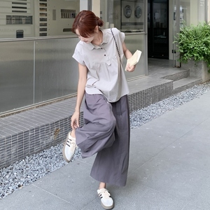 休闲松弛通勤风工装百搭淡人两件套女2025夏季翻领上衣阔腿裤套装图片