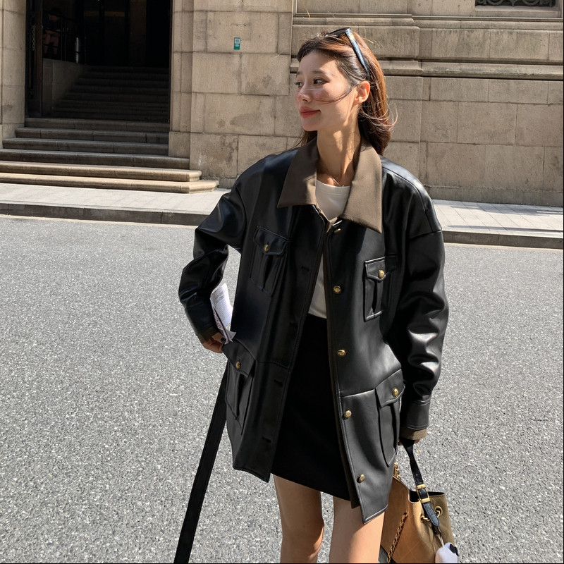 黑色复古设计感轻熟风PU皮外套女2025秋季盐系时髦翻领拼接上衣潮,女装皮衣,2C018