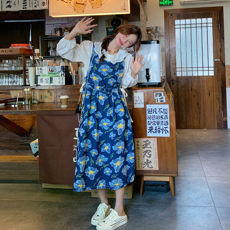 韩系减龄娃娃领上衣套装女2025春秋季新款显瘦碎花背带长裙两件套,女装套装/套裙,2C018