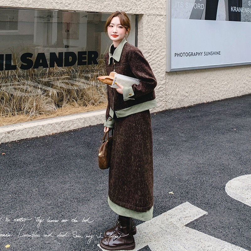 法式小香风套装裙女2025春季新款复古气质假两件上衣半身裙两件套,女装套装/套裙,2C018