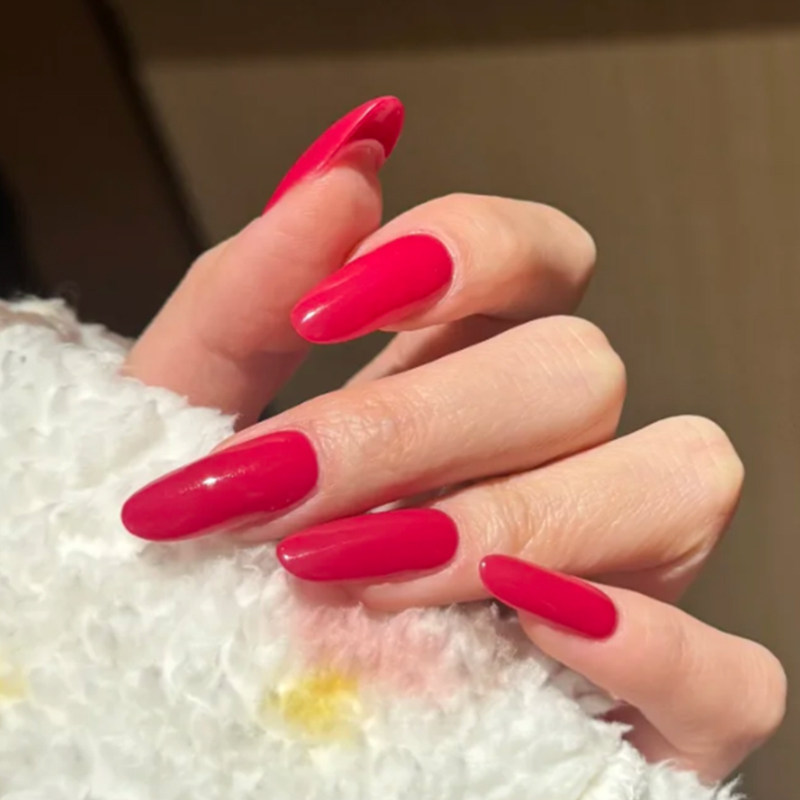 玫红色魅红色长椭圆手工穿戴甲纯色简约辣妹红美甲贴片高级感美甲