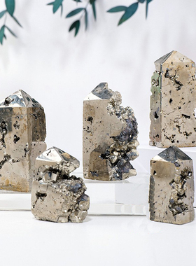 天然黄铜矿水晶四棱柱子 水晶矿石标本黄铁矿原石四角柱装饰摆件