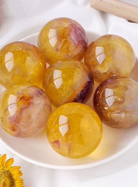 天然黄萤石紫云母共生球摆件水晶原石打磨风水球七星阵球摆件