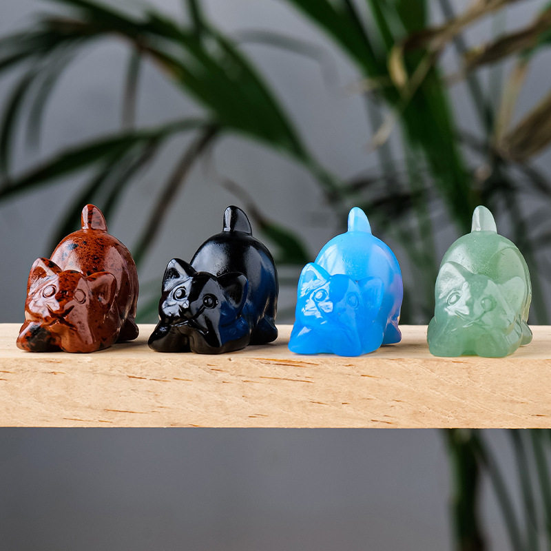 天然水晶小猫咪雕刻件 水晶原石半宝石矿石标本家居装饰动物摆件