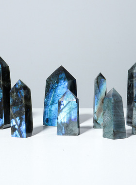 跨境热销天然水晶柱拉长石四棱柱强蓝光月光石四方柱原石摆件