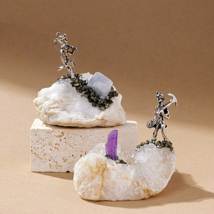 跨境天然水晶白玛瑙晶洞矿工摆件创意家居矿石标本水晶工艺品