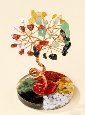 天然水晶碎石五行圆盘水晶树五路财神水晶招财树家居办公桌面