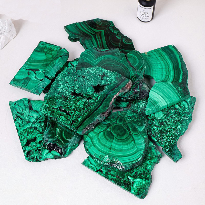 天然水晶孔雀石原石切片原石打磨矿物晶体摆件科普教学观赏石