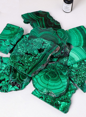 天然水晶孔雀石原石切片原石打磨矿物晶体摆件科普教学观赏石