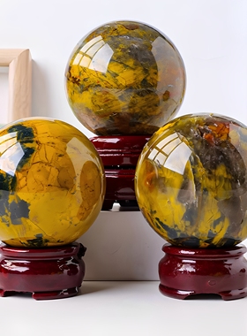 天然水晶黄彼得石水晶球 水晶原石玛瑙打磨把玩球 家居装饰摆件