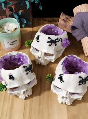 跨境天然紫晶牙花骷髅头摆件酒吧万圣节恐怖氛围装饰品工艺品