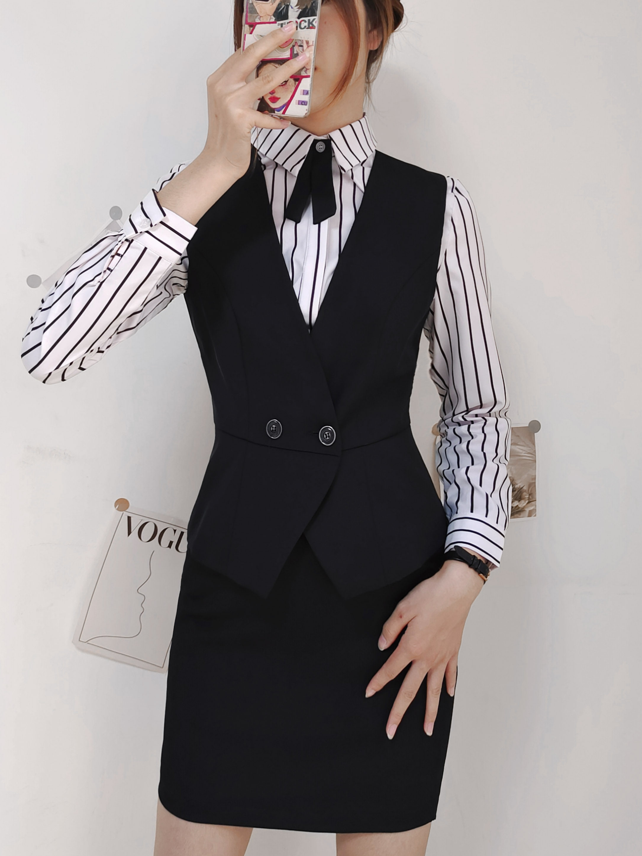 VEST SUIT WOMENS SPRING AND AUTUMN PROFESSIONAL FORMAL SUIT HOTEL FRONT DESK CASHIER CARGO UNIFORM WAITER STRIPED LONG-SLEEVED SHIRT