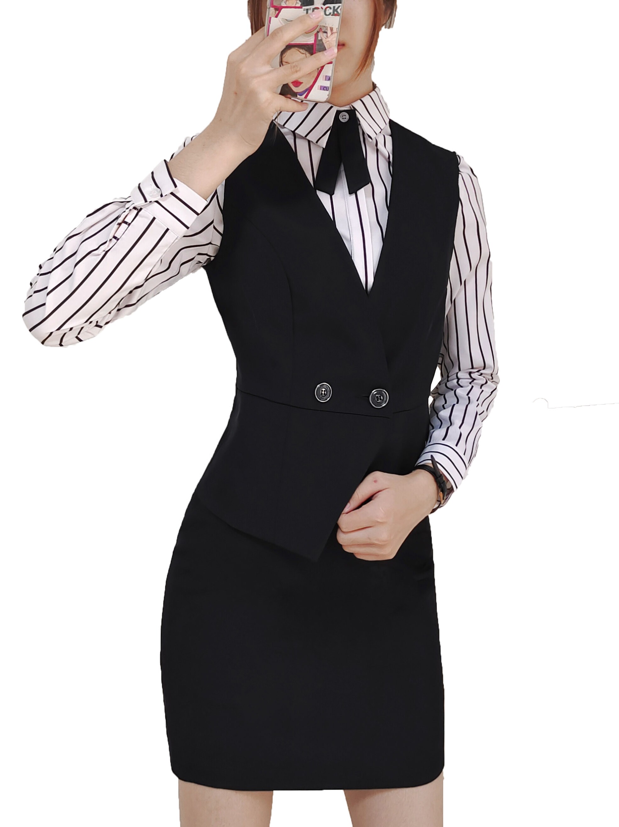 VEST SUIT WOMENS SPRING AND AUTUMN PROFESSIONAL FORMAL SUIT HOTEL FRONT DESK CASHIER CARGO UNIFORM WAITER STRIPED LONG-SLEEVED SHIRT