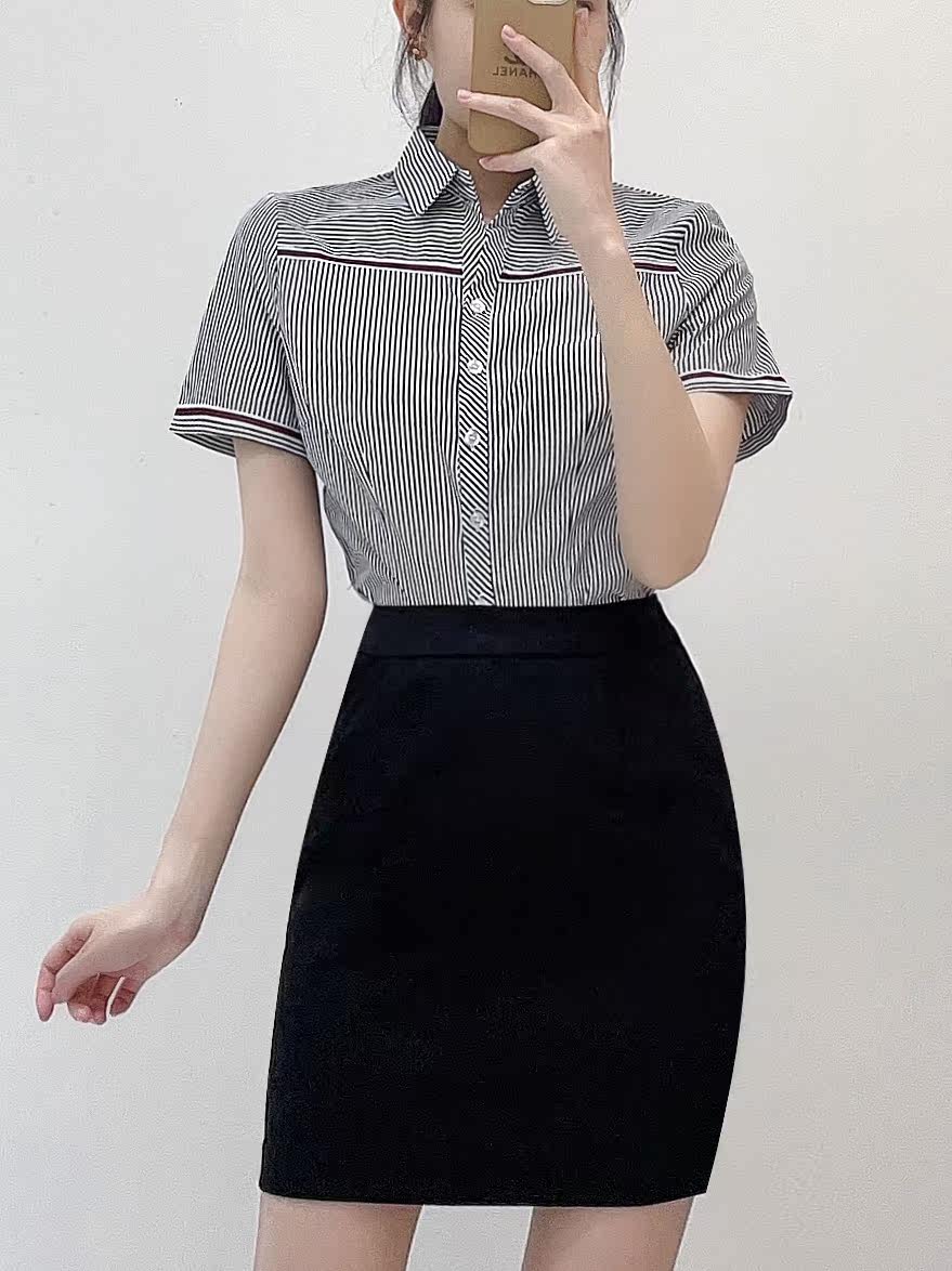 PROFESSIONAL SUIT WOMENS SHORT SLEEVES SUMMER TEMPERAMENT GODDESS FAN STRIPED SKIRT HOTEL FRONT DESK OVERALLS CASHIER RECEPTION OVERALLS