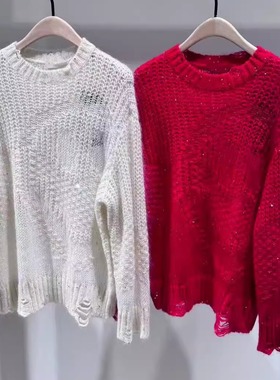 2025秋冬季新款Mo家同款红色亮片镂空破洞毛针织衫女宽松圆领毛衣