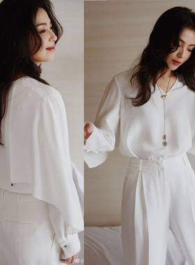 刘涛明星同款白色V领衬衫设计感法式气质显瘦高级感上衣女2023秋