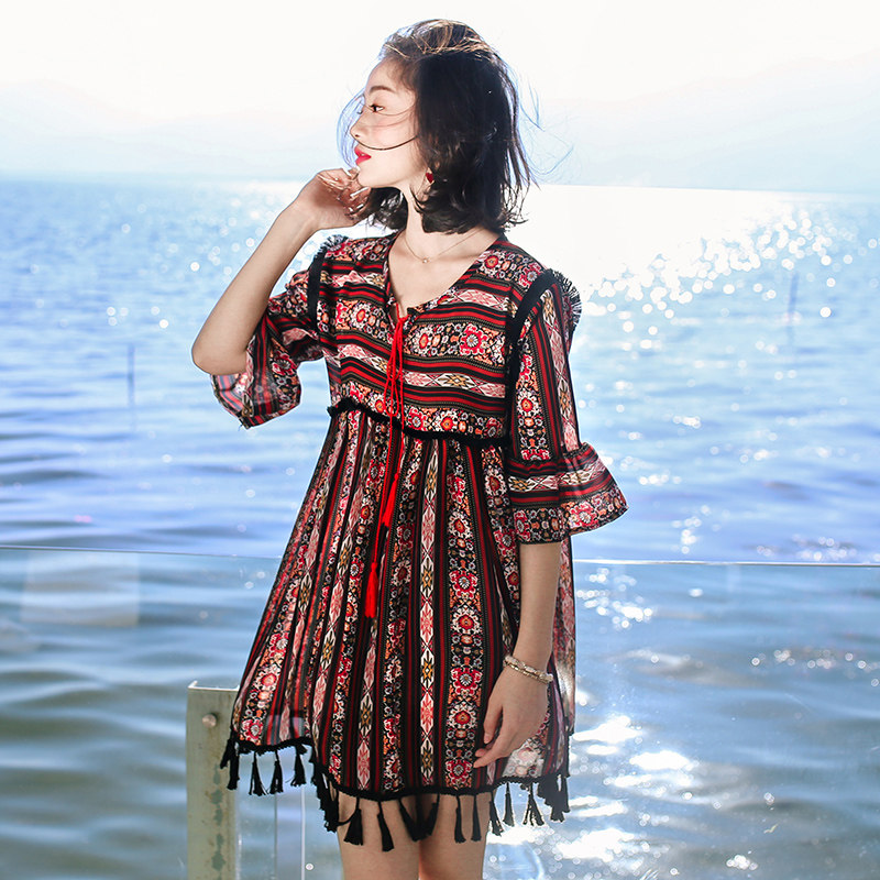 夏季流苏短款收腰雪纺小个子连衣裙子普吉岛沙滩裙女泰国海边度假