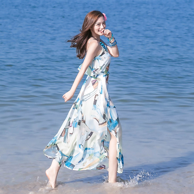 夏季女装波西米亚长裙吊带露背连衣裙蜜月装沙滩裙海边度假旅游裙