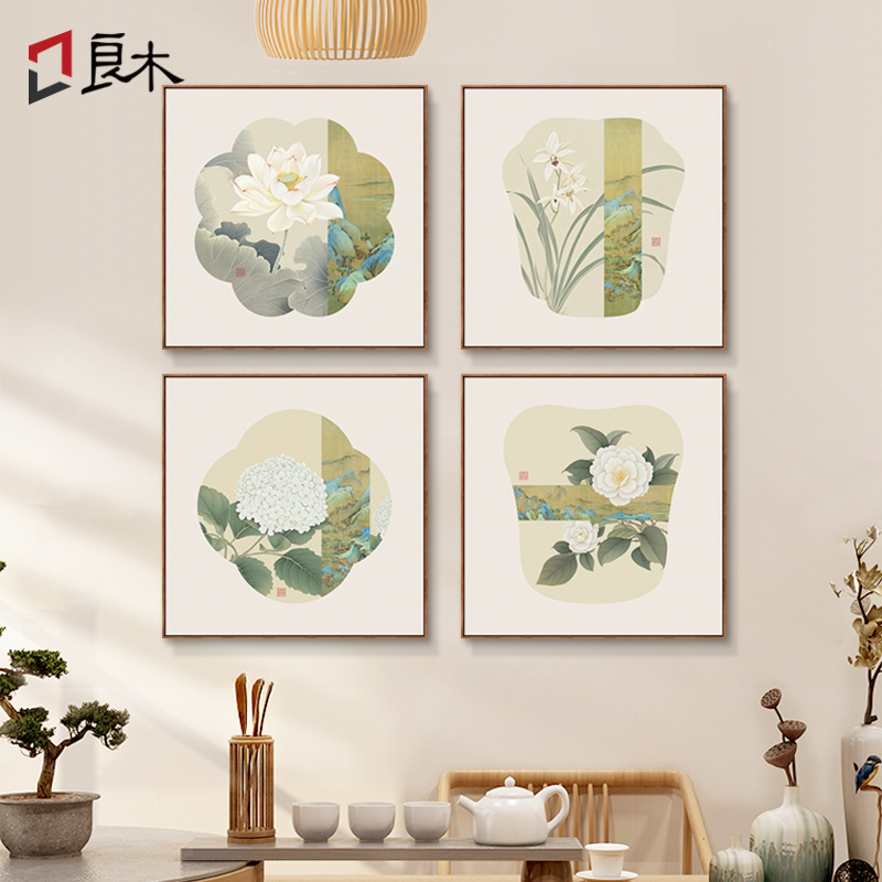 中国风新中式餐厅装饰画现代简约花卉酒店饭店背景墙挂画高档禅意图片