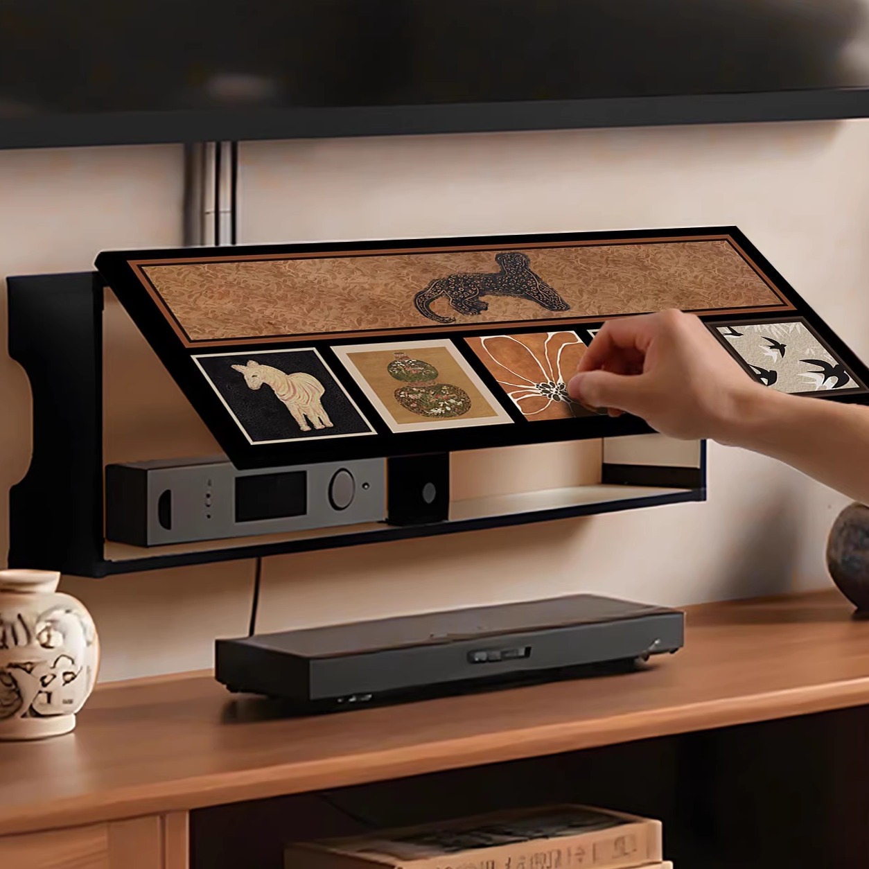 中古风客厅路由器放置架上