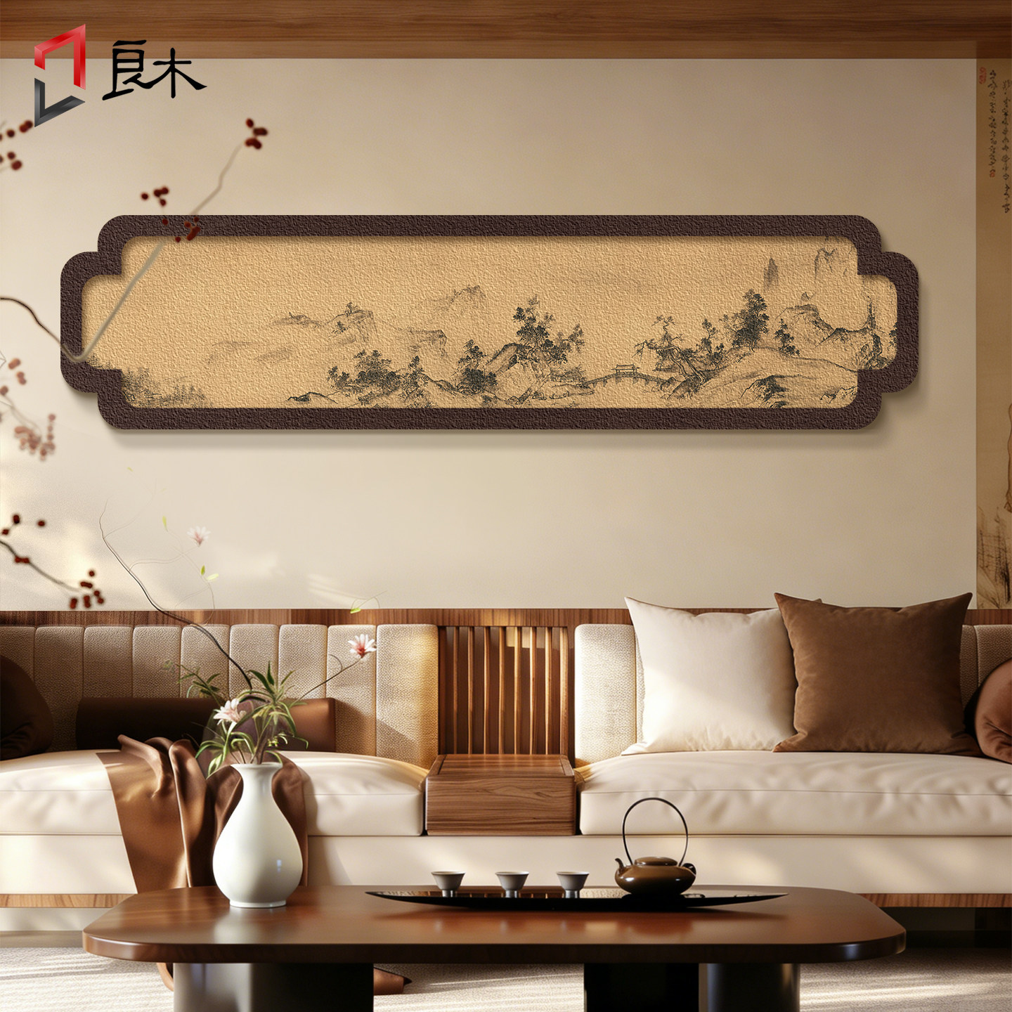 宋式美学挂画客厅沙发背景墙装饰画2026新款茶室砂岩禅意山水画