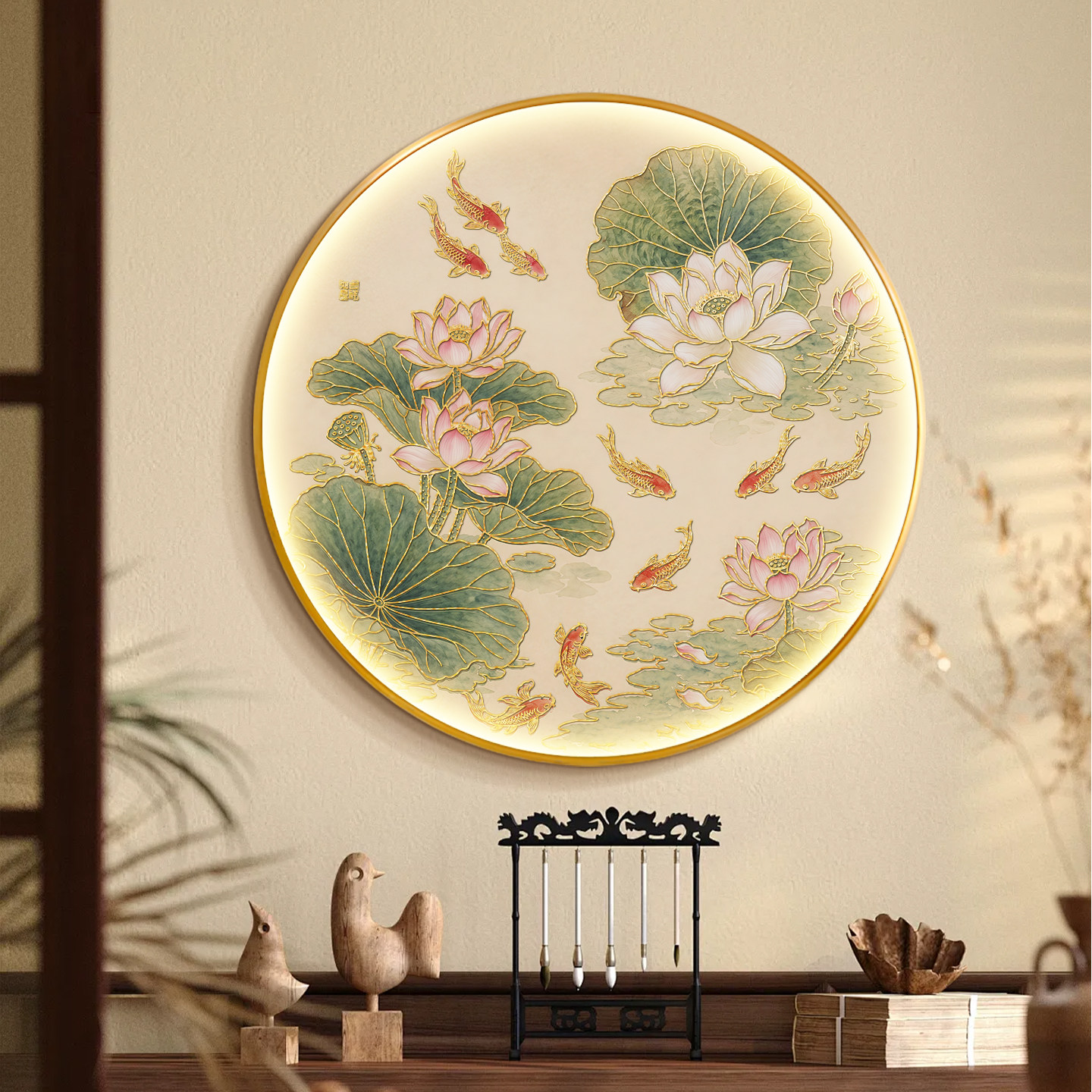 荷花九鱼图鎏金带灯壁画图片
