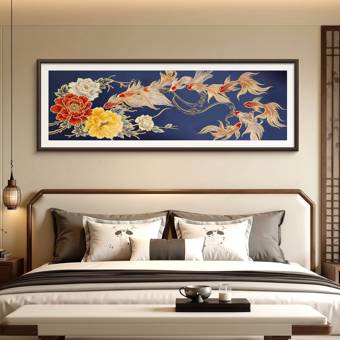 荷花九鱼图卧室床头挂画图片