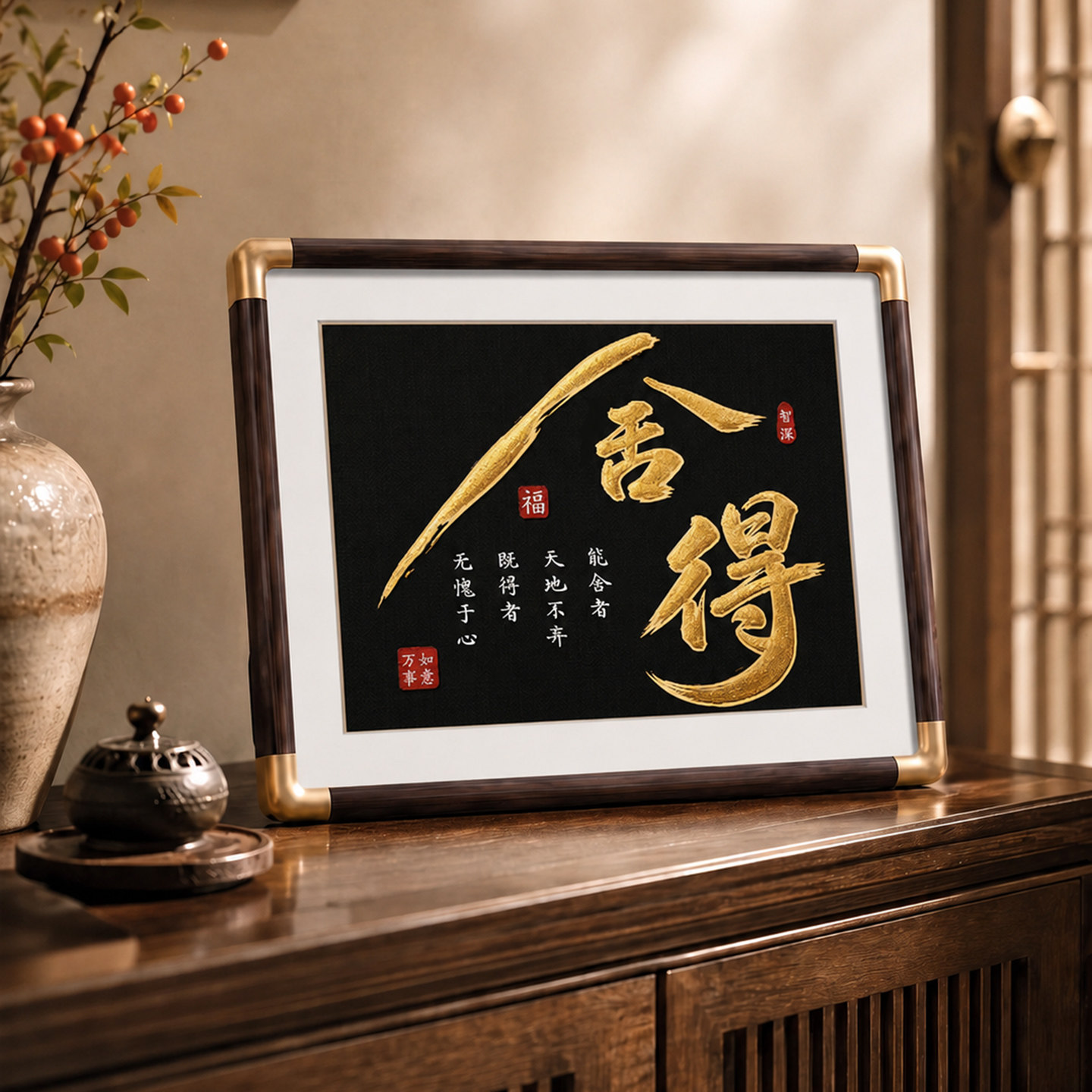 舍得书法励志字画高档摆件新中式桌面玄关摆台办公室铜雕画装饰品