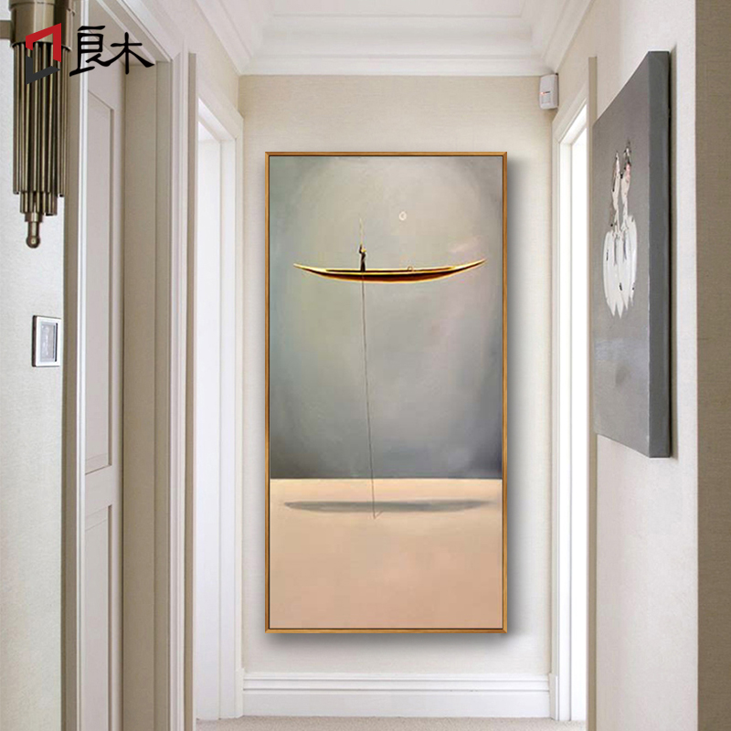 玄关装饰画禅意中式古典画过道竖版撑船人物画艺术墙画壁画摆渡人