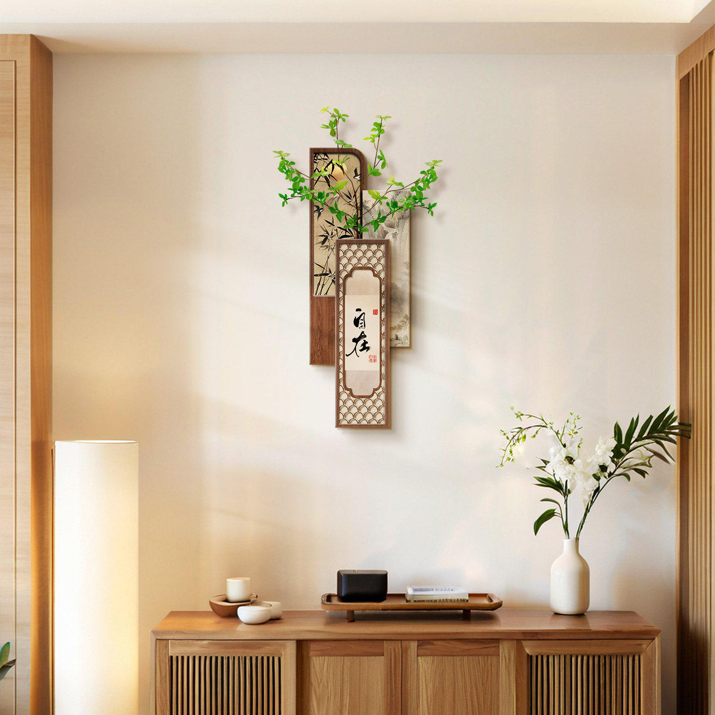 新中式边柜墙壁小挂件免打孔寓意好文字挂饰装饰画墙饰绿植组合画,家居饰品,现代装饰画,淘宝优惠券,粉丝福利购,淘宝优惠卷