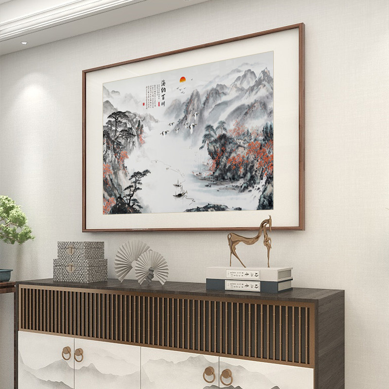 新中式海纳百川山水画入户玄关挂画横版客厅风景画餐厅走廊装饰画