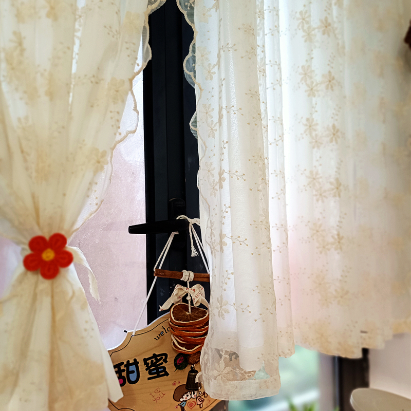 双层一体帘甜美风小花朵蕾丝纱帘公主房卧室小飘窗小窗户短帘门帘