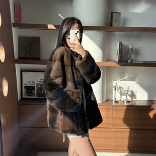 貂皮大衣女皮草外套 溪钰圣裘进口水貂咖啡咖啡色横排圆领短款