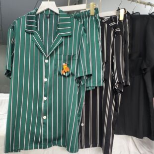 条纹睡衣家居服套装 冰丝零触感 裤 短袖 新男女动物刺绣夏季 薄款