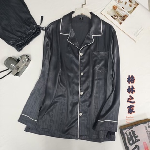 裤 欧美风 春夏男女同款 冰丝缎面条纹字母提花长袖 睡衣家居服套装