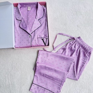 紫圆波点薄款 新品 包邮 夏季 睡衣家居服套装 女士缎面长袖 Ｖ～S 长裤