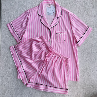 冰丝缎面条纹女睡衣家居服套装