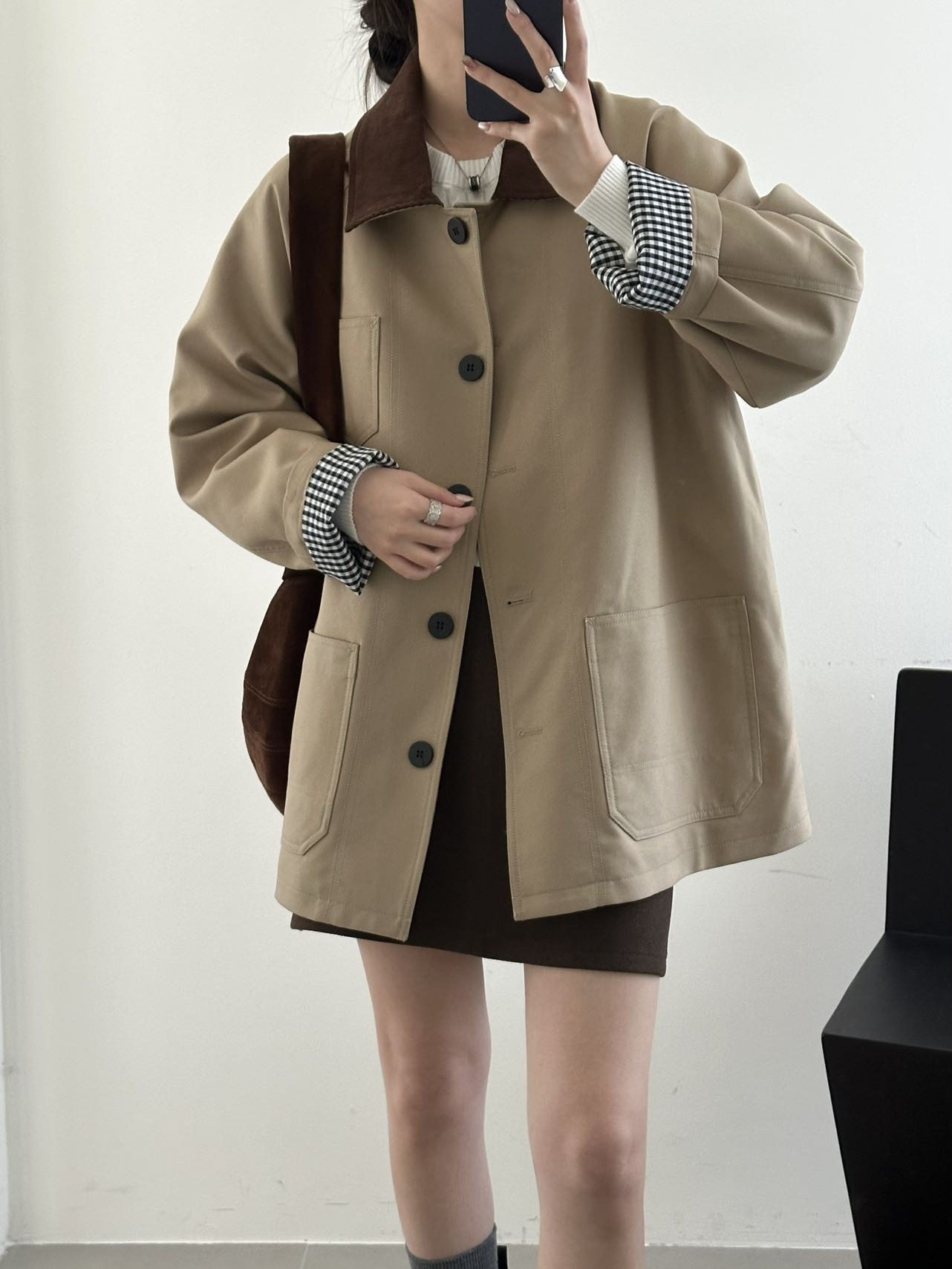 灯芯绒拼接风衣鹅绒服女文艺轻复风衣