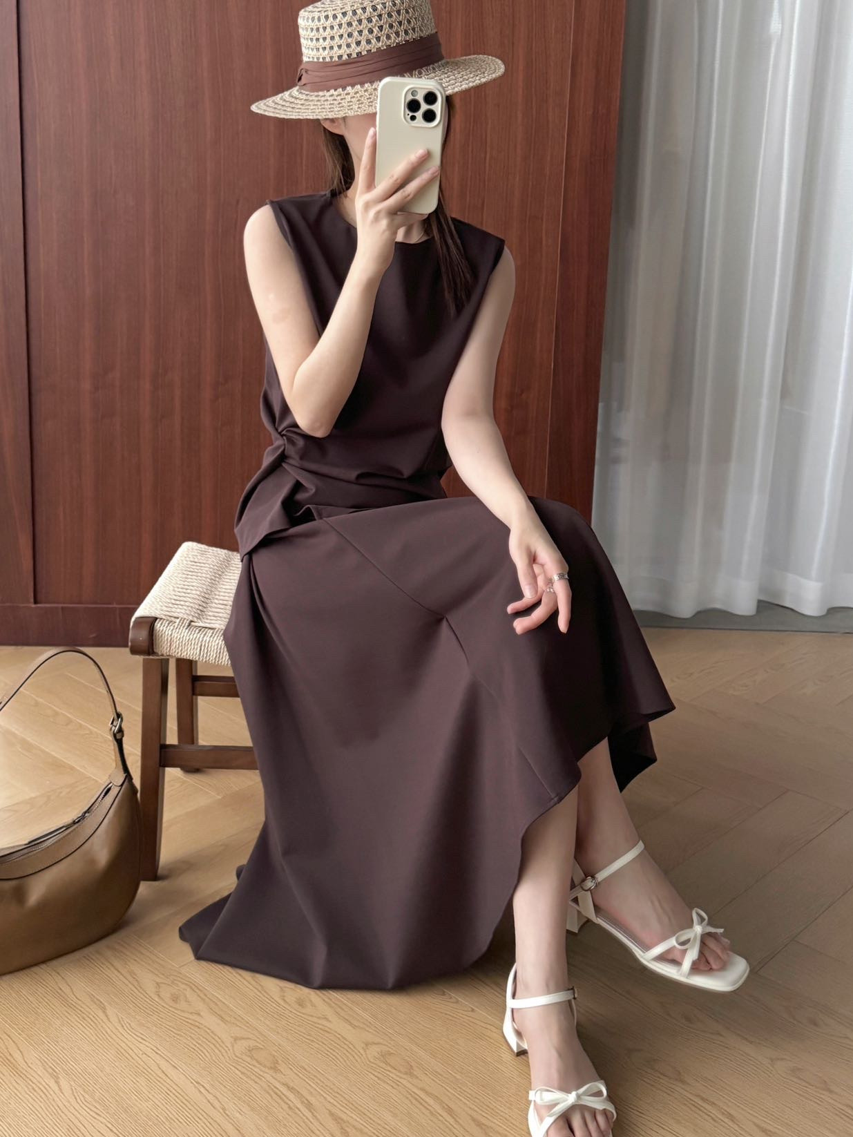 套装女 船领抓褶扭结无袖上衣背心+A字半身裙中长款两件套夏3074