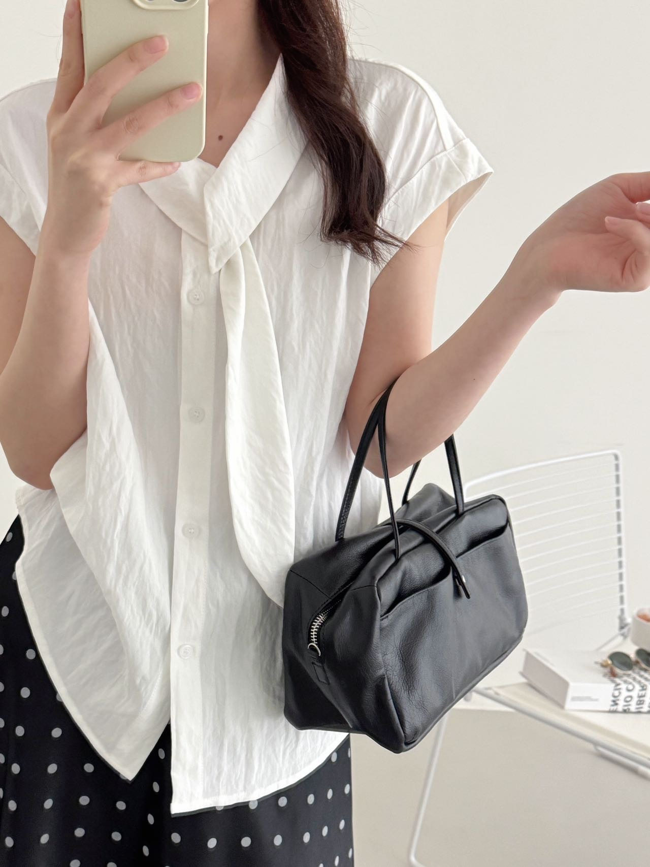 夏季新款时尚气质显瘦短袖衬衫女高级感棉质飘带小飞袖上衣女1875