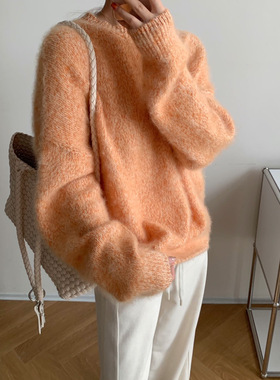 花纱橘灿星光拉绒羊绒衫上衣圆领慵懒风毛衣女秋冬羊毛衫潮8303
