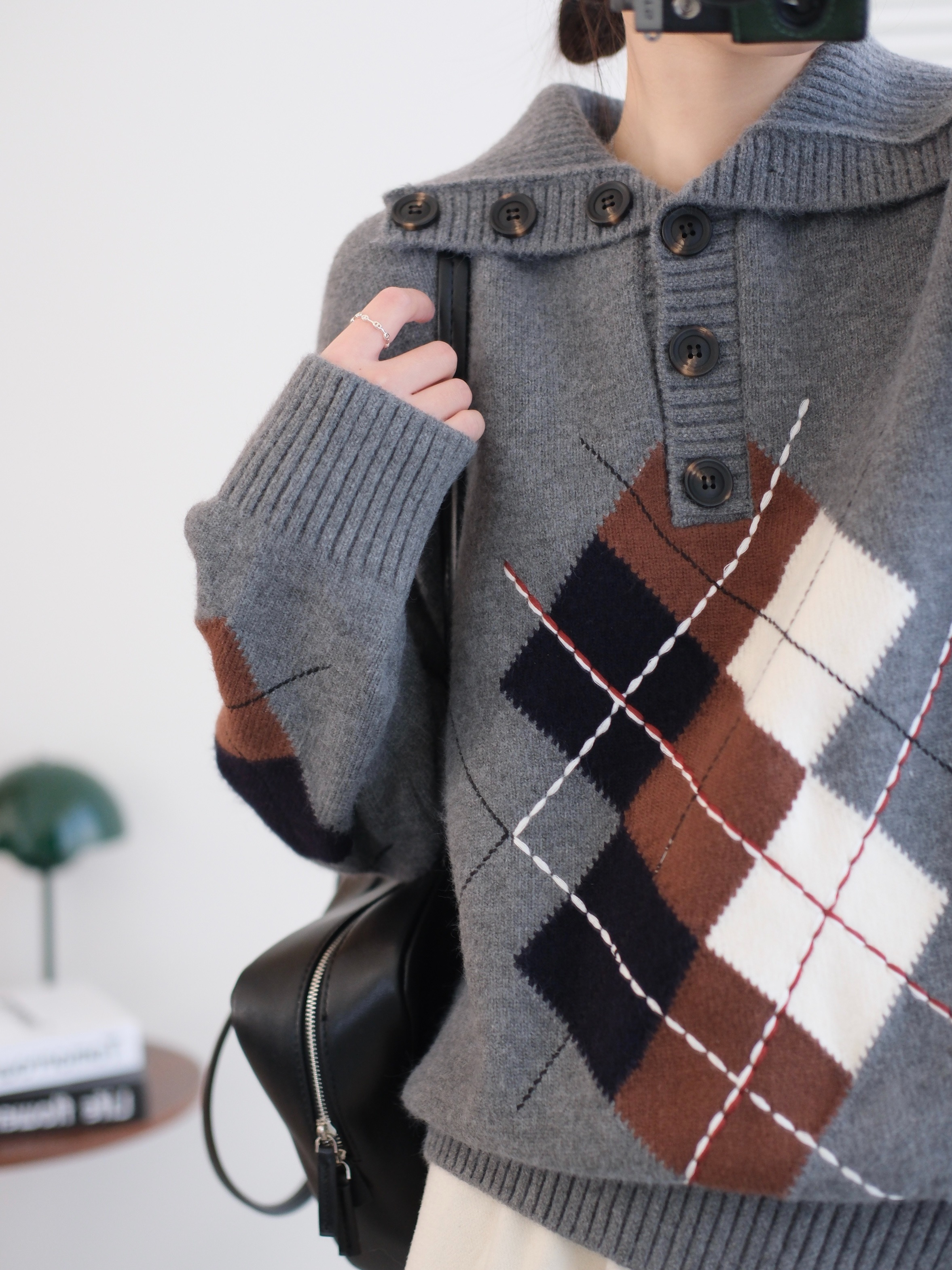 翻领高领两穿菱格撞色针织衫女2025秋冬新款宽松显瘦高级毛衣9293